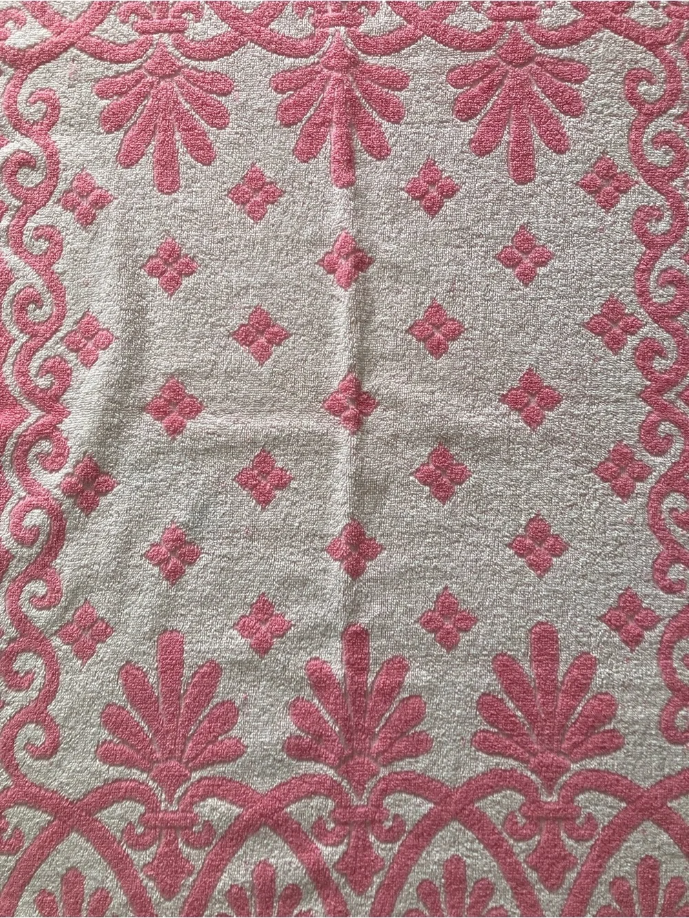 Pink and white vintage Cannon towel with fringe